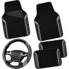 imageCAR PASS Leather Steering Wheel Cover and Waterproof Car Floor MatsMicrofiber Universal Car Combo Fit for 95 SedanSUVCars14515inch Sporty AntiSlip Safety Comfortable DesignCarbon Fiber BlackBlackGray