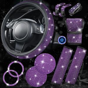 imageCAR PASS 11 PCS Bling Car Accessories for Women Sparkly Rhinestone Diamond Steering Wheel Cover Bling Seat Belt Cushion Glitter Shift Knob Cover Car Cup Holder Coaster Cute Interior Sets SilverPurple Diamond