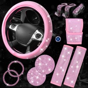 imageCAR PASS 11 PCS Bling Car Accessories for Women Sparkly Rhinestone Diamond Steering Wheel Cover Bling Seat Belt Cushion Glitter Shift Knob Cover Car Cup Holder Coaster Cute Interior Sets SilverPink Leather