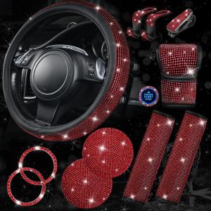 imageCAR PASS 11 PCS Bling Car Accessories for Women Sparkly Rhinestone Diamond Steering Wheel Cover Bling Seat Belt Cushion Glitter Shift Knob Cover Car Cup Holder Coaster Cute Interior Sets SilverRed Diamond