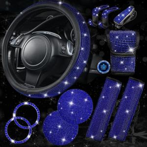 imageCAR PASS 11 PCS Bling Car Accessories for Women Sparkly Rhinestone Diamond Steering Wheel Cover Bling Seat Belt Cushion Glitter Shift Knob Cover Car Cup Holder Coaster Cute Interior Sets SilverBlue Diamond