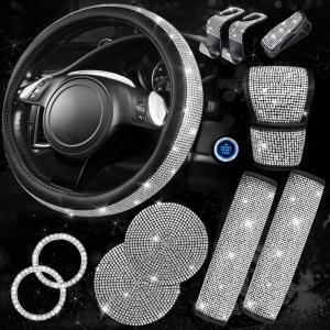 imageCAR PASS 11 PCS Bling Car Accessories for Women Sparkly Rhinestone Diamond Steering Wheel Cover Bling Seat Belt Cushion Glitter Shift Knob Cover Car Cup Holder Coaster Cute Interior Sets SilverSilver Diamond