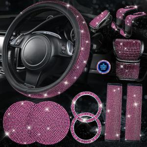 imageCAR PASS 11 PCS Bling Car Accessories for Women Sparkly Rhinestone Diamond Steering Wheel Cover Bling Seat Belt Cushion Glitter Shift Knob Cover Car Cup Holder Coaster Cute Interior Sets SilverPink Diamond