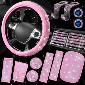 imageCAR PASS 11 PCS Bling Car Accessories for Women Sparkly Rhinestone Diamond Steering Wheel Cover Bling Seat Belt Cushion Glitter Shift Knob Cover Car Cup Holder Coaster Cute Interior Sets SilverAll Pink