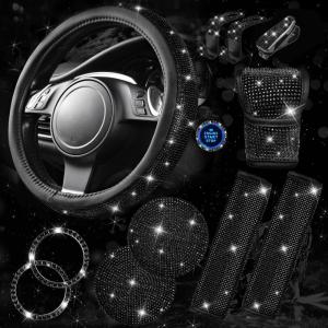 imageCAR PASS 11 PCS Bling Car Accessories for Women Sparkly Rhinestone Diamond Steering Wheel Cover Bling Seat Belt Cushion Glitter Shift Knob Cover Car Cup Holder Coaster Cute Interior Sets SilverBlack Diamond