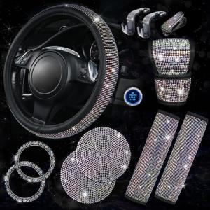 imageCAR PASS 11 PCS Bling Car Accessories for Women Sparkly Rhinestone Diamond Steering Wheel Cover Bling Seat Belt Cushion Glitter Shift Knob Cover Car Cup Holder Coaster Cute Interior Sets SilverMulticolor Diamond