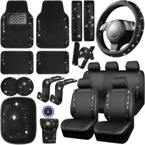 imageCAR PASS 23 PCS Bling Car Accessories Set for Women Leather Car Seat Covers Full Set Sparkly Rhinestone15 Steering Wheel Covers Shining Diamond Car Floor Mats Cute Car Interior Sets Silver DiamondBlack Diamond