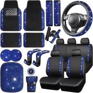 imageCAR PASS 23 PCS Bling Car Accessories Set for Women Leather Car Seat Covers Full Set Sparkly Rhinestone15 Steering Wheel Covers Shining Diamond Car Floor Mats Cute Car Interior Sets Silver DiamondBlue Diamond