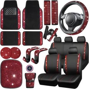 imageCAR PASS 23 PCS Bling Car Accessories Set for Women Leather Car Seat Covers Full Set Sparkly Rhinestone15 Steering Wheel Covers Shining Diamond Car Floor Mats Cute Car Interior Sets Silver DiamondRed Diamond
