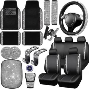 imageCAR PASS 23 PCS Bling Car Accessories Set for Women Leather Car Seat Covers Full Set Sparkly Rhinestone15 Steering Wheel Covers Shining Diamond Car Floor Mats Cute Car Interior Sets Silver DiamondSilver Diamond