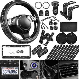 imageCAR PASS 30 PCS Bling Car Accessories Set for Women Bling Steering Wheel Covers 15 Inch Shining Rhinestone License Plate Frame Sparkly Diamond Phone Holder Cute Interior Set Decorations SilverBlack