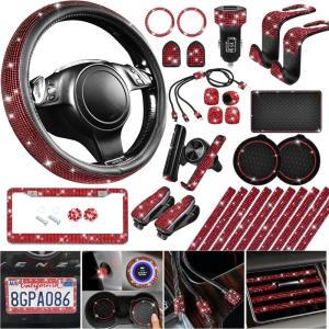 imageCAR PASS 30 PCS Bling Car Accessories Set for Women Bling Steering Wheel Covers 15 Inch Shining Rhinestone License Plate Frame Sparkly Diamond Phone Holder Cute Interior Set Decorations SilverRed