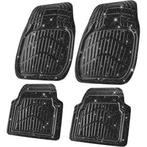 imageCAR PASS 4 Piece Leather Car Floor Mats 3D Cute Girly Waterproof All Weather Car Mat Full Set Universal Trim to Fit ampamp AntiSlip Burr Bottom ampamp Light Easy Clean for SUV Truck Auto Sedan VanPinkBlack Glitter