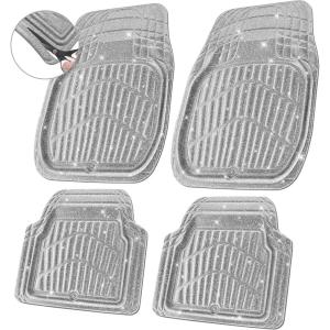 imageCAR PASS 4 Piece Leather Car Floor Mats 3D Cute Girly Waterproof All Weather Car Mat Full Set Universal Trim to Fit ampamp AntiSlip Burr Bottom ampamp Light Easy Clean for SUV Truck Auto Sedan VanPinkSilver