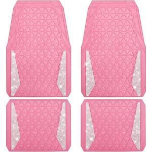 imageCAR PASS Bling Car Mats Diamond Rubber Floor Mats Full Set AntiSlip 3D Rhombus Waterproof Trim to Fit Liner Universal Glitter Crystal Sparkly Shining Rhinestone Girl Women SUV Sedan Van Pink RubberPink Rubber