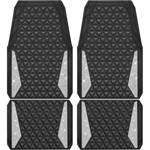 imageCAR PASS Bling Car Mats Diamond Rubber Floor Mats Full Set AntiSlip 3D Rhombus Waterproof Trim to Fit Liner Universal Glitter Crystal Sparkly Shining Rhinestone Girl Women SUV Sedan Van Pink RubberWhite Diamond