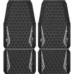 imageCAR PASS Bling Car Mats Diamond Rubber Floor Mats Full Set AntiSlip 3D Rhombus Waterproof Trim to Fit Liner Universal Glitter Crystal Sparkly Shining Rhinestone Girl Women SUV Sedan Van Pink RubberSilver Diamond