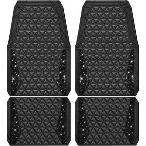 imageCAR PASS Bling Car Mats Diamond Rubber Floor Mats Full Set AntiSlip 3D Rhombus Waterproof Trim to Fit Liner Universal Glitter Crystal Sparkly Shining Rhinestone Girl Women SUV Sedan Van Pink RubberBlack Diamond