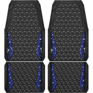 imageCAR PASS Bling Car Mats Diamond Rubber Floor Mats Full Set AntiSlip 3D Rhombus Waterproof Trim to Fit Liner Universal Glitter Crystal Sparkly Shining Rhinestone Girl Women SUV Sedan Van Pink RubberBlue Diamond