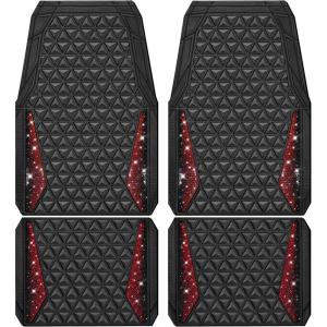imageCAR PASS Bling Car Mats Diamond Rubber Floor Mats Full Set AntiSlip 3D Rhombus Waterproof Trim to Fit Liner Universal Glitter Crystal Sparkly Shining Rhinestone Girl Women SUV Sedan Van Pink RubberRed Diamond