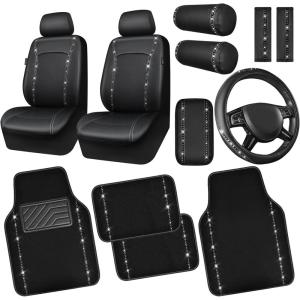 imageCAR PASS Bling Diamond Black Leather Steering Wheel Cover Studded Crystal Rhinestones Universal Fit 14quot 1215quot Glitter for Women Sparkle Girl Fit SuvsVansSedansCarTrucks Silver DiamondSilver Diamond 14PCS
