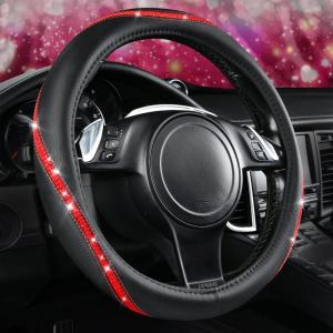 imageCAR PASS Bling Diamond Black Leather Steering Wheel Cover Studded Crystal Rhinestones Universal Fit 14quot 1215quot Glitter for Women Sparkle Girl Fit SuvsVansSedansCarTrucks Silver DiamondRed Diamond