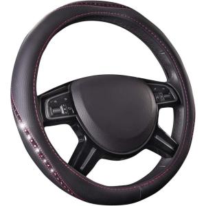 imageCAR PASS Bling Diamond Black Leather Steering Wheel Cover Studded Crystal Rhinestones Universal Fit 14quot 1215quot Glitter for Women Sparkle Girl Fit SuvsVansSedansCarTrucks Silver DiamondHot Pink Diamond