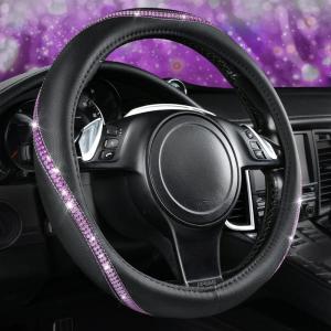 imageCAR PASS Bling Diamond Black Leather Steering Wheel Cover Studded Crystal Rhinestones Universal Fit 14quot 1215quot Glitter for Women Sparkle Girl Fit SuvsVansSedansCarTrucks Silver DiamondPurple Diamond