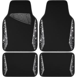 imageCAR PASS Bling Diamond Car Floor Mat Shining Rhinestones Carpet Sparkly Glitter Crystal AntiSlip PVC Heel Pad Automotive Universal Fit for SUV Sedan Car Van 4pcs for Girl Cute Women Black SilverSilver Diamond