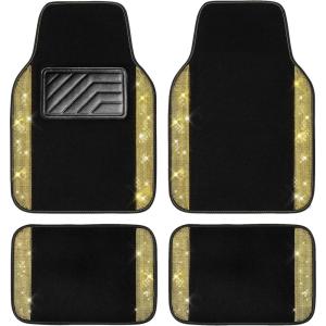 imageCAR PASS Bling Diamond Car Floor Mats Shining Rhinestone Carpet Sparkly Glitter Crystal with AntiSlip PVC Heel Pad Waterproof Universal Fit Automotive SUVSedanVanCute Girl Women4pcs Black SliverYellow Diamond