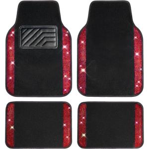 imageCAR PASS Bling Diamond Car Floor Mats Shining Rhinestone Carpet Sparkly Glitter Crystal with AntiSlip PVC Heel Pad Waterproof Universal Fit Automotive SUVSedanVanCute Girl Women4pcs Black SliverRed Diamond