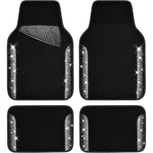 imageCAR PASS Bling Diamond Car Floor Mats Shining Rhinestone Carpet Sparkly Glitter Crystal with AntiSlip PVC Heel Pad Waterproof Universal Fit Automotive SUVSedanVanCute Girl Women4pcs Black SliverAB Silver