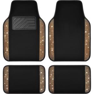 imageCAR PASS Bling Diamond Car Floor Mats Shining Rhinestone Carpet Sparkly Glitter Crystal with AntiSlip PVC Heel Pad Waterproof Universal Fit Automotive SUVSedanVanCute Girl Women4pcs Black SliverGolden