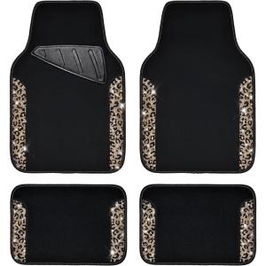 imageCAR PASS Bling Diamond Car Floor Mats Shining Rhinestone Carpet Sparkly Glitter Crystal with AntiSlip PVC Heel Pad Waterproof Universal Fit Automotive SUVSedanVanCute Girl Women4pcs Black SliverGold Leopard