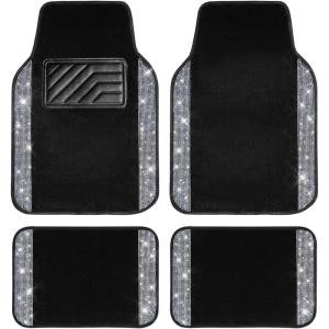 imageCAR PASS Bling Diamond Car Floor Mats Shining Rhinestone Carpet Sparkly Glitter Crystal with AntiSlip PVC Heel Pad Waterproof Universal Fit Automotive SUVSedanVanCute Girl Women4pcs Black SliverSilver Diamond