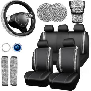 imageCAR PASS Bling Diamond Leather Car Seat Covers Sets 11 pcs Bling Car Accessories for Women Sparkly Rhinestone Steering Wheel Cover Sets Glitter Cute Car Interior Sets for Women Girl Silver DiamondSilver