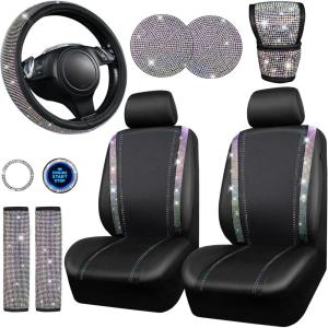 imageCAR PASS Bling Diamond Leather Car Seat Covers Sets 11 pcs Bling Car Accessories for Women Sparkly Rhinestone Steering Wheel Cover Sets Glitter Cute Car Interior Sets for Women Girl Silver DiamondBedazzed Diamond