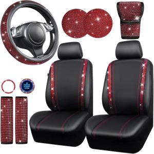 imageCAR PASS Bling Diamond Leather Car Seat Covers Sets 11 pcs Bling Car Accessories for Women Sparkly Rhinestone Steering Wheel Cover Sets Glitter Cute Car Interior Sets for Women Girl Silver DiamondRed Diamond