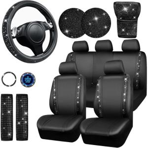 imageCAR PASS Bling Diamond Leather Car Seat Covers Sets 11 pcs Bling Car Accessories for Women Sparkly Rhinestone Steering Wheel Cover Sets Glitter Cute Car Interior Sets for Women Girl Silver DiamondBlack