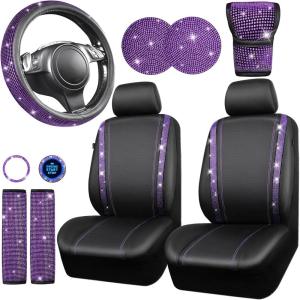 imageCAR PASS Bling Diamond Leather Car Seat Covers Sets 11 pcs Bling Car Accessories for Women Sparkly Rhinestone Steering Wheel Cover Sets Glitter Cute Car Interior Sets for Women Girl Silver DiamondViolet Purple