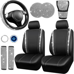 imageCAR PASS Bling Diamond Leather Car Seat Covers Sets 11 pcs Bling Car Accessories for Women Sparkly Rhinestone Steering Wheel Cover Sets Glitter Cute Car Interior Sets for Women Girl Silver DiamondSilver Diamond
