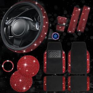 imageCAR PASS Bling Diamond Leather Car Seat Covers Sets 11 pcs Bling Car Accessories for Women Sparkly Rhinestone Steering Wheel Cover Sets Glitter Cute Car Interior Sets for Women Girl Silver DiamondRed Rhinestone