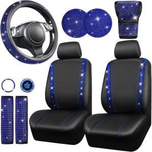 imageCAR PASS Bling Diamond Leather Car Seat Covers Sets 11 pcs Bling Car Accessories for Women Sparkly Rhinestone Steering Wheel Cover Sets Glitter Cute Car Interior Sets for Women Girl Silver DiamondBlue Diamond