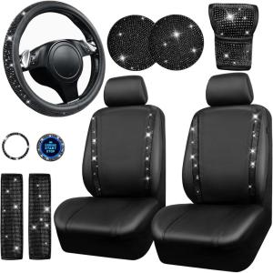 imageCAR PASS Bling Diamond Leather Car Seat Covers Sets 11 pcs Bling Car Accessories for Women Sparkly Rhinestone Steering Wheel Cover Sets Glitter Cute Car Interior Sets for Women Girl Silver DiamondBlack Diamond