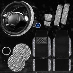 imageCAR PASS Bling Diamond Leather Car Seat Covers Sets 11 pcs Bling Car Accessories for Women Sparkly Rhinestone Steering Wheel Cover Sets Glitter Cute Car Interior Sets for Women Girl Silver DiamondSilver Rhinestone