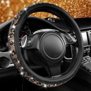 imageCAR PASS Bling Diamond Leather Steering Wheel Cover with Bling Sparkly Crystal Glitter Rhinestones Universal Fit 145in15in Car Wheel Protector for Women Girl Fit SuvsVansSedansCarTrucks SilverLeopard Diamond