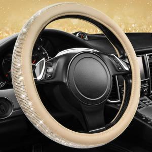 imageCAR PASS Bling Diamond Leather Steering Wheel Cover with Bling Sparkly Crystal Glitter Rhinestones Universal Fit 145in15in Car Wheel Protector for Women Girl Fit SuvsVansSedansCarTrucks SilverBeige Leather