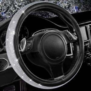 imageCAR PASS Bling Diamond Leather Steering Wheel Cover with Bling Sparkly Crystal Glitter Rhinestones Universal Fit 145in15in Car Wheel Protector for Women Girl Fit SuvsVansSedansCarTrucks SilverSilver Diamond