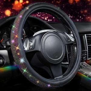 imageCAR PASS Bling Diamond Leather Steering Wheel Cover with Bling Sparkly Crystal Glitter Rhinestones Universal Fit 145in15in Car Wheel Protector for Women Girl Fit SuvsVansSedansCarTrucks SilverColorful Diamond