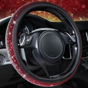 imageCAR PASS Bling Diamond Leather Steering Wheel Cover with Bling Sparkly Crystal Glitter Rhinestones Universal Fit 145in15in Car Wheel Protector for Women Girl Fit SuvsVansSedansCarTrucks SilverRed Silver Diamond